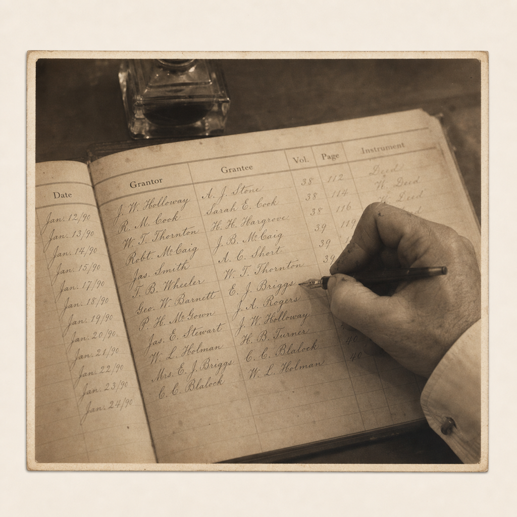 Hand-bound Texas abstractor's ledger book on a courthouse desk, sepia 1920s photograph